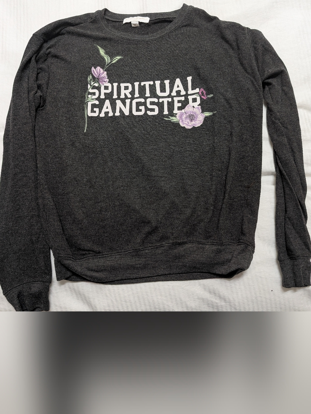 Spiritual Gangster Lightweight Crewneck Stretch Sweatshirt Gray W/ Floral Medium